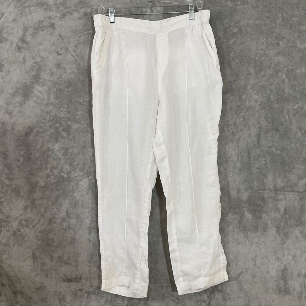 Nicole Miller NY Sz M 100% Linen Pull-On Pants Stretch Waist Lagenlook pockets